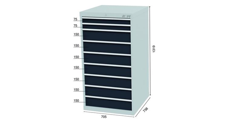 Drawer cabinet 9 drawers 7035/7016 2x75, 7x150mm WDH 705x736x1319mm