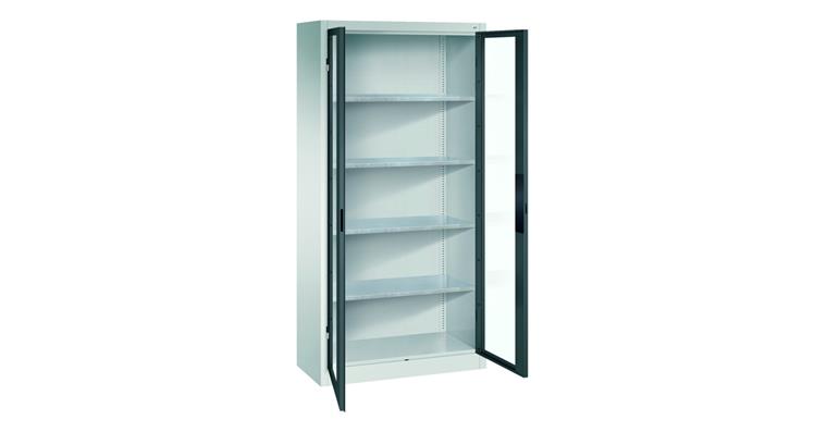 Storage cab. w/ doors w/ view. wind. HxWxD 1950x930x600mm 4 shel. RAL 7035/7016