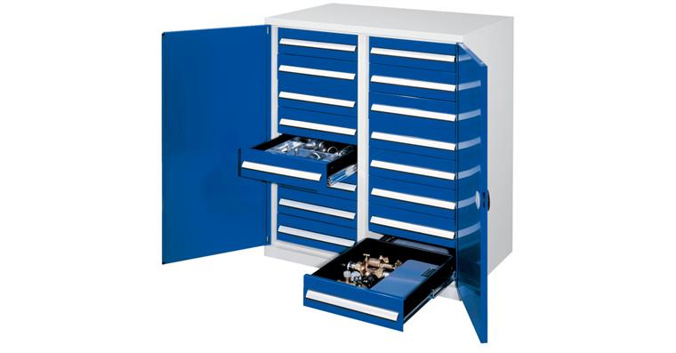 Heavy duty cabinet H1100xW1000xD600mm 16 drawers with centr. divider 7035/5010