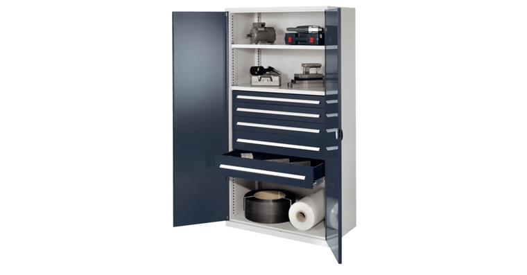Hvy-dty cabinet H1950xW1000xD600mm 3shelves+5drawers sld sh.met. doors 7035/7016