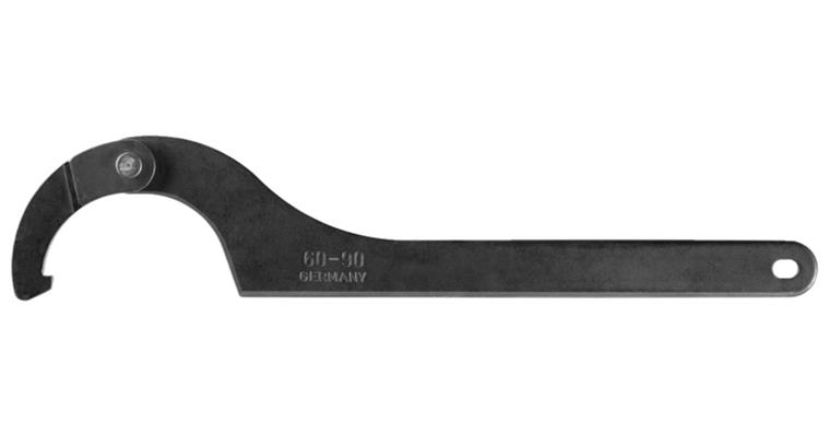 Articulated hook wrench with lug and suspension hole for nuts dia. 90-155 mm