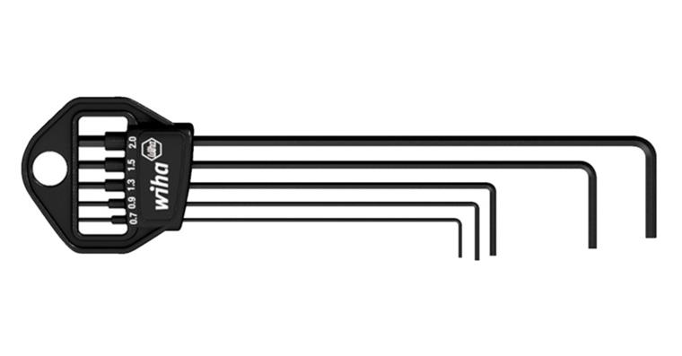 Hexagon pin wrench set 5 pieces size 0.7/0.9/1.3/1.5/2.0 mm in holder