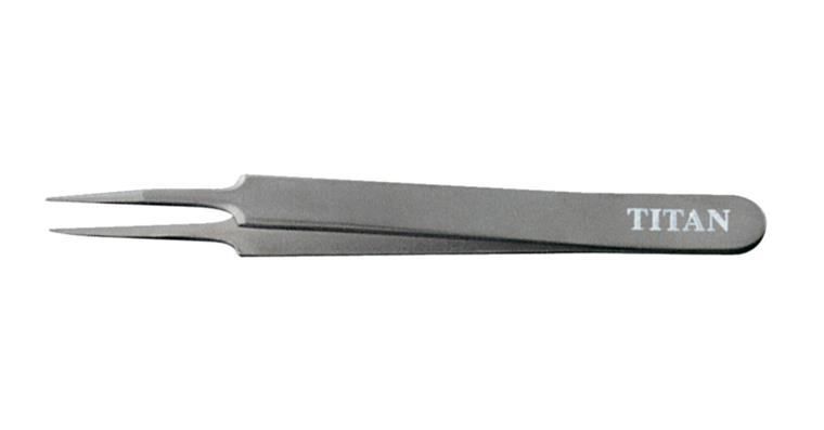 Titanium watchmaker tweezers straight, fine tips length 108 mm