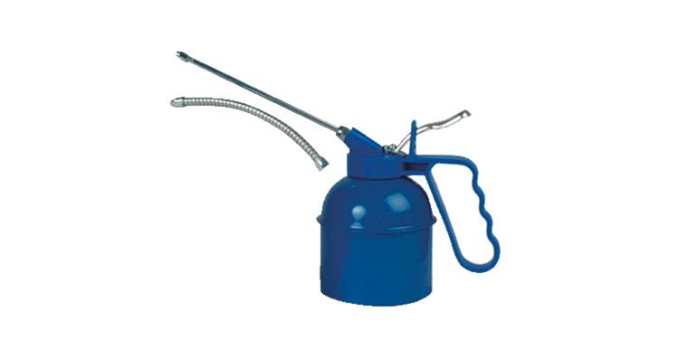 Oil spray can, sheet steel container, 500 ml, blue painted with brass pump