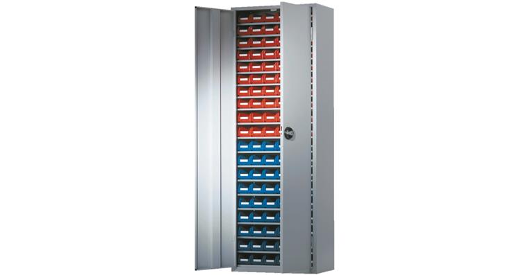 Cabinet with doors 1950x690x285mm 18 shelves 114 easy-view storage bins RAL 7035