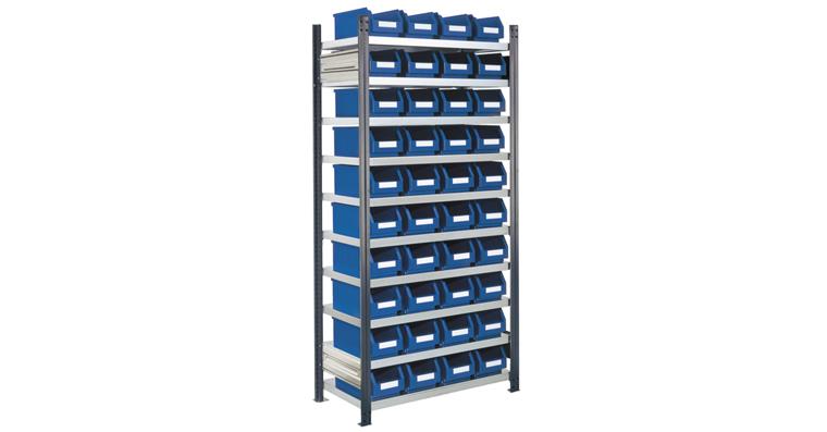 Ordnungsregal 1000x400 H=2000 Grundfeld 10 Böden 40 Sichtlagerkästen