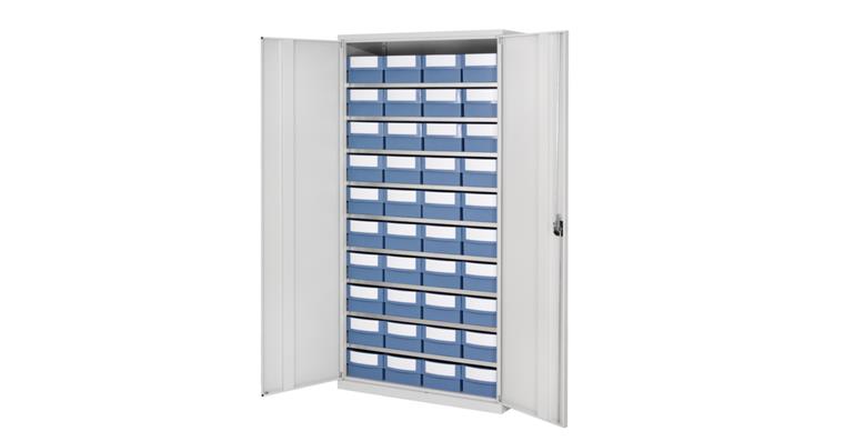 Storage cabinet H1950xW1000xD500 mm including 40 boxes RAL 7035
