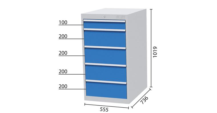 1084301104 Schubladenschrank 5 Schubladen 7035/5012 1x100, 4x200mm 555x736x1019mm