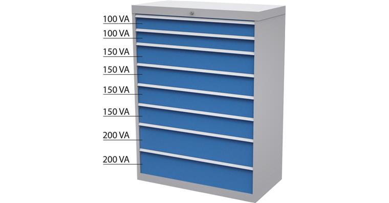 Schubladen-Werkzeugschrank 8 Schubladen Vollauszug 100%/50kg RAL 7035/5010