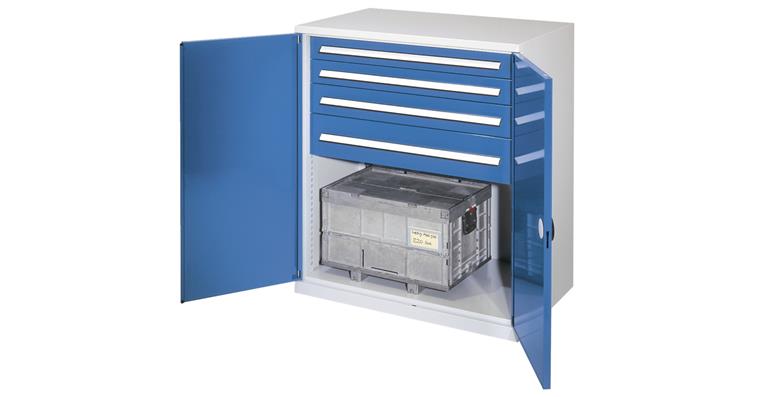 Heavy-duty cabinet 1110x1000x600mm RAL7035/5012 w/o centr. divider, 4 drawers