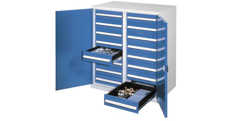 Heavy-duty cabinet 1110x1000x600mm RAL7035/5012 w/ centr. divider, 16 drawers