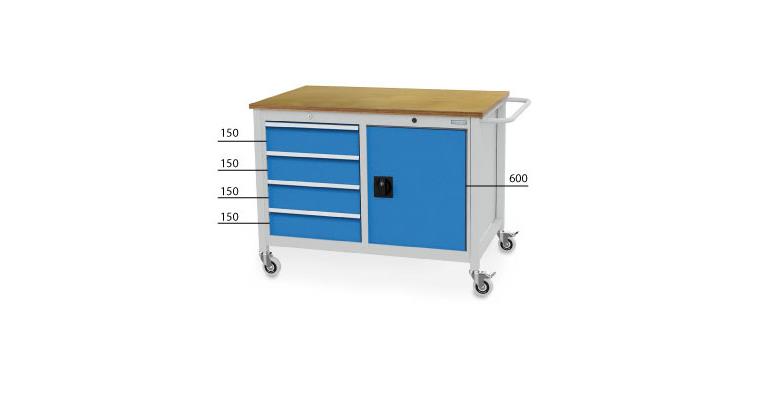 Werkbank mobil 1 Tür 4 Schubladen HxBxT 935x1250x750 mm RAL 7035/5010