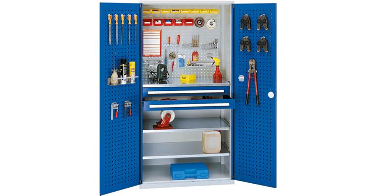 Cabinet with perforated panel door, mod. 1, 7035, 3 shelf, 2 drawers