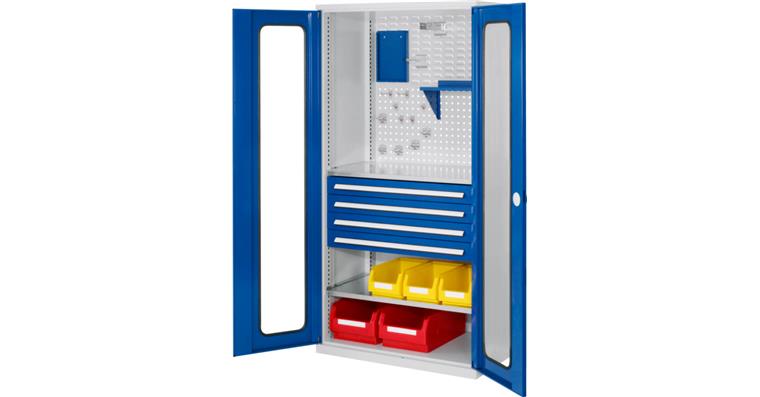Cabinet w/ door w/ viewing window, mod. 4, 7035, 2 shelf, 4 drawers