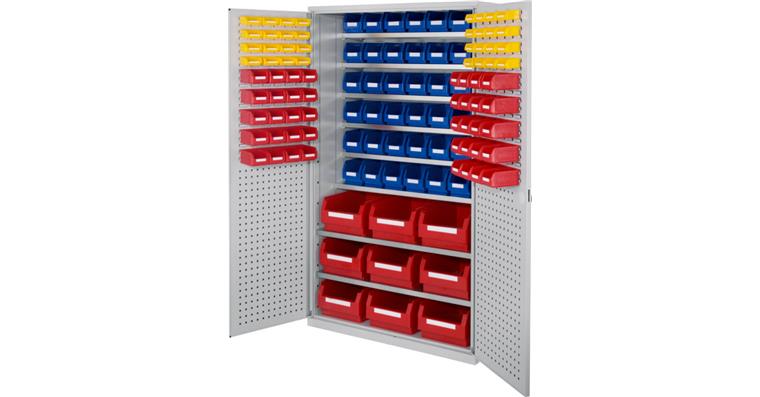 Großraumschrank 1950x1130x590 mm RAL 7035/5012 123 Sichtlagerkästen 8 Fachböden