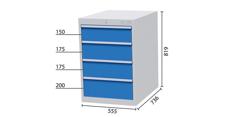 Schubladenschrank 4 Schubladen 7035/5010 1x150 2x175 1x200mm 555x736x819mm