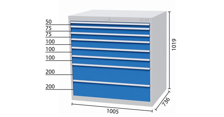 1084342203 Schubladenschrank 8 Schubladen 5010 1x50 2x75 3x100 2x200mm