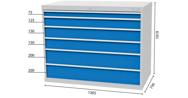 Werkzeugschrank 1305x736x1019mm 6 Schubl. 1x75 1x125 2x150 2x200 mm 7035/5010