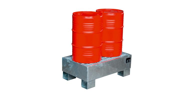 Steel collection tray LxWxH 1300x800x205mm f. max. 6x60 litre drums hdg