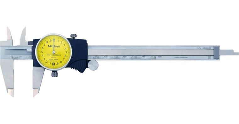 Messschieber mit Rundskala 150mm, flach, Ablesung 0,01mm, 1mm/U, Antriebsrad