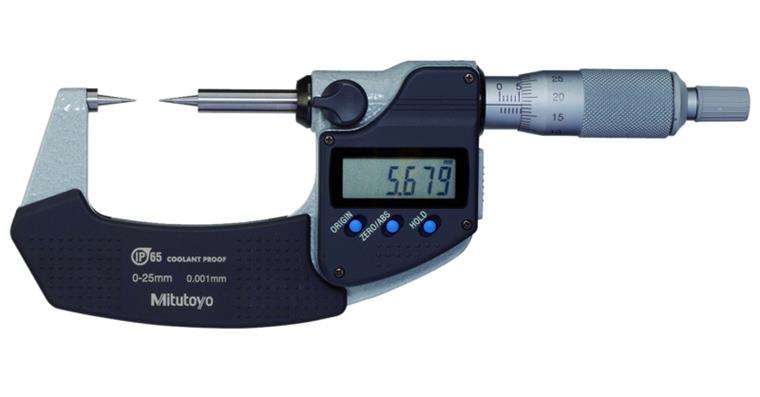 IP65 dig. micrometer 0-25 mm, tapered meas. surface 15°, data output