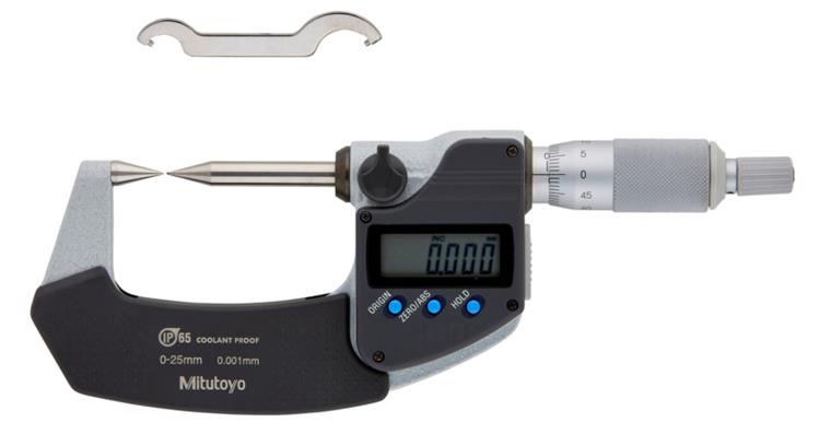 IP65 dig. micrometer 0-25 mm, tapered meas. surface 30°, data output