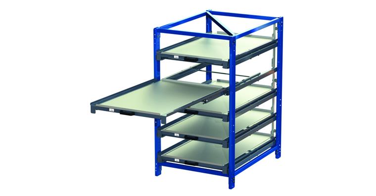Kompakt-Auszugregal mit 5 Fächern 100% Längsauszug H1560xB880xT1251 mm