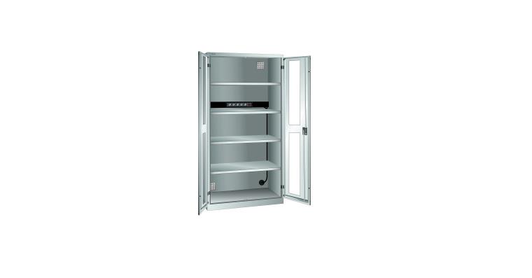 Akku-Ladeschrank mit Sichtfenster-Türen 1000x580x1950mm 4 Fachböden RAL 7035