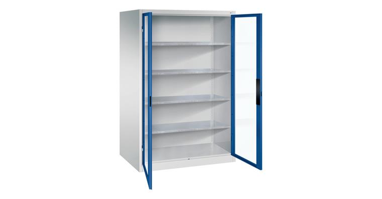 Storage cabinet w/ doors w/ view. wndw HxWxD 1950x1200x800mm 4 shelves RAL 5010