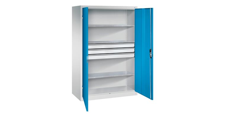 Large tool cabinet 1950x1200x600 RAL7035/5012, drawer block, centre