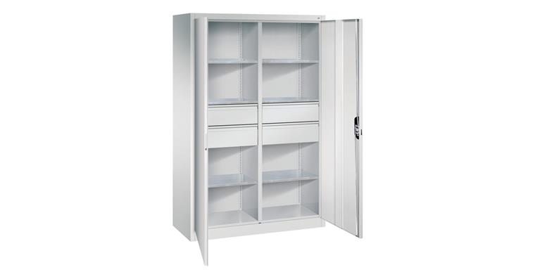Flügeltür-Werkzeugschrank 1950x1200x500mm 6 Böden 4 große Schubladen RAL5012