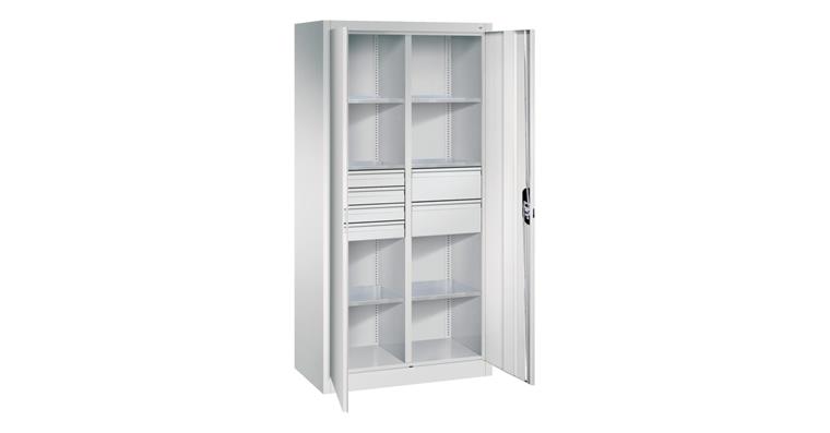 Hinged door tool cab. 1950x930x500mm, 6 shelves, 4 sm.+2 lrg. drawers RAL7035