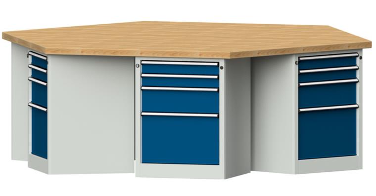 Gruppenwerkbank 6-Eck 2340x2700x900mm Buche-Massivplatte 7035/5010