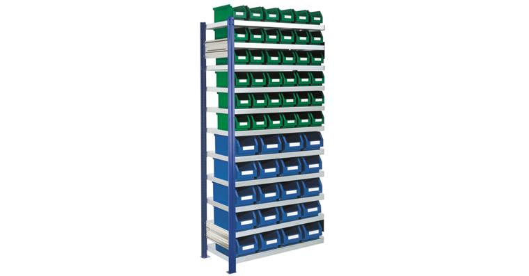 Ordnungsregal 1000x400 H=2000 Anbaufeld 11 Böden 56 Sichtlagerkästen